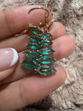 14K Gold Natural Emerald Dangle Earrings 4.08 CTW Marquise Cut Leverback